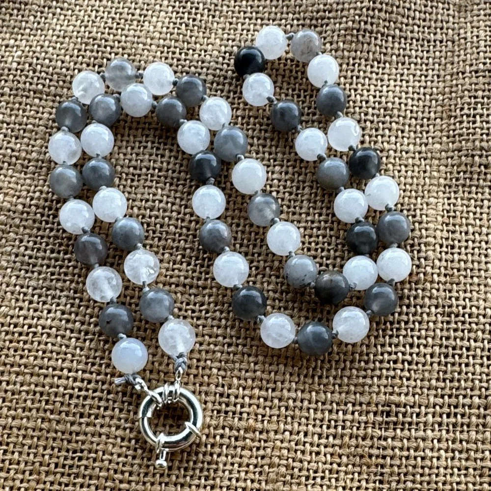 Moonstone & Clear Quarts knotted necklace handmade